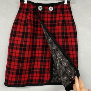 VTG Wool Wrap Skirt Women's S Reversible Red Plaid Gray Houndstooth Festive Cute